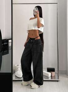 StreetHx 休闲低腰做旧宽松星星刺绣牛仔裤 - 黑色 - 查看 6