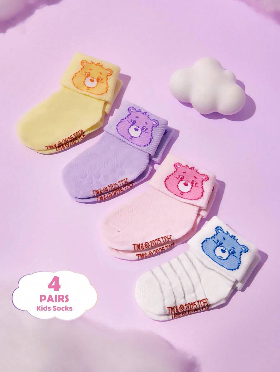 SHEIN X Care Bears 4 Pairs Cotton Soft & Breathable Moisture-Wicking Babys Mid-Calf Socks Cute Cartoon Bears Pattern Infant Crew Socks Unisex For Boys & Girls All Seasons All-Match - Multicolor - View 1