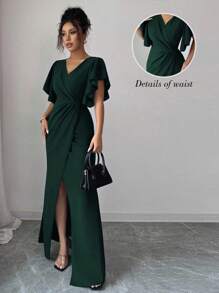 Elenzga Ruffled Sleeve V-Neck Waist Fitted Mermaid Hem Elegant Romantic Women Dress - Army Green - View 7