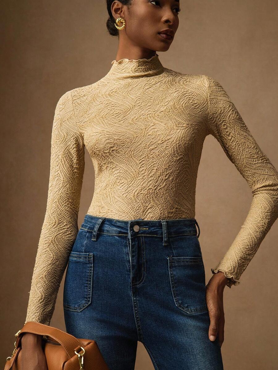 Vesra Women's Solid Color Stand Collar Raglan Long Sleeve Fashionable Versatile Jacquard Knit Slim Fit Long T-Shirt Fall Cloth For Women