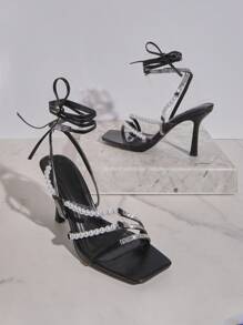 SHUZIA Women Fashionable High-Heel Sandals With Pearl & Rhinestone Decorated Straps And Peep Toe - Black - View 2