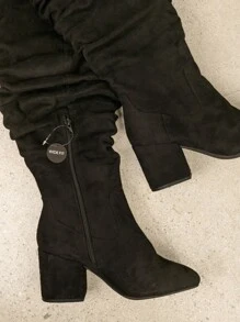 SHUZIA Wide Fit Ruched Faux Leather Knee High Block Heel Boots