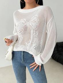 Modelyn Women's Casual Versatile Solid Color Hollow-Out Knit Top - White - View 2