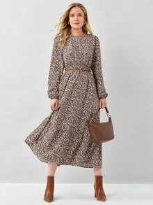 Miaspire 女士休闲长袖收腰碎花图案长裙秋季 - 彩色 - 查看 5