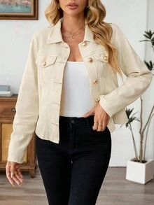 EMERY ROSE Women's Casual Single-Breasted Denim Jacket, Long Sleeve, Autumn - Beige - View 3