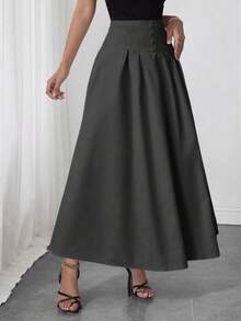 Modelyn Women's Elegent Office High Waist Solid Color Decorative Button Pleated A-Line Skirt,Autumn Grey Dark Green Olive Green Elegant Skirts - Dark Grey - View 5