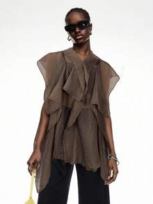 LYSMO Women's Coffee Brown Ruffled Collar Button Front Mesh Splice Elegant Bohemian Blouse - Coffee Brown - View 1