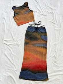 Soleia WYWH Women's Vacation Knit Crochet Vest & Split Hem Skirt Set, Suitable For Music Festival, Boho Style - Multicolor - View 2