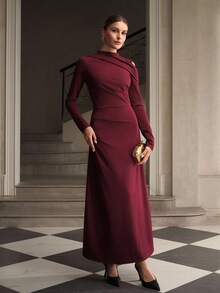 ZEYLAH Asymmetric Shoulder Hollow Out Waist Cinched Long Elegant Dress, Christmas Dress, Red Dress, New Year Dress