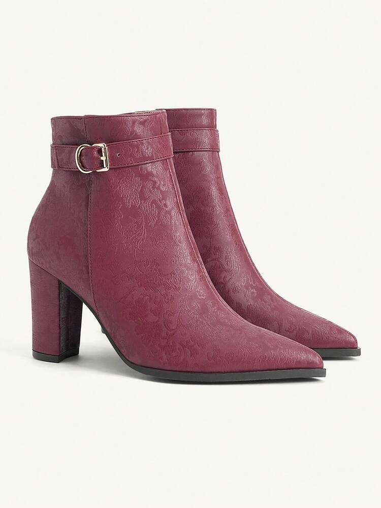 CUCCOO CHICEST Women's Vintage Floral Patterned Square Toe Block Heel Mid-Calf Boots, Elegant Commuter Fashion Retro Oriental Classic Chinese Style Burgundy Leather Boots, Versatile For Workplace, Halloween, New Year, Spring Festival