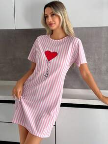 SHEIN Women Striped With Round Neck Heart Print Short Sleeved Pajama Night Dress Sleep Dress Nightdress Sleep Shirt Cute Nightgown Pajamas Dress