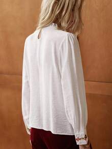 Écloséra Women's Elegant Round Neck Ruffled Print Arrangement Flower Straight Fit Long Sleeve Commuter Shirt Ladies Top Autumn Top White Top Female Going Out Top Fall Cloth For Women, Christmas