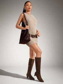 SHUZIA Giày bốt cao đến đầu gối, đế trung bình, thoải mái, có khóa kéo, dành cho nữ hàng ngày - Màu nâu Sô-cô-la - Xem 4