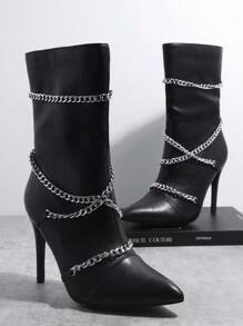 SHUZIA Botas dedo de pie puntiagudo con diseño de cadena estilete - Negro - Ver 5