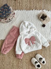 SHEIN 女宝宝休闲可爱蝴蝶结刺绣连帽长袖羊毛上衣和松紧腰裤套装，秋冬 - 彩色 - 查看 5