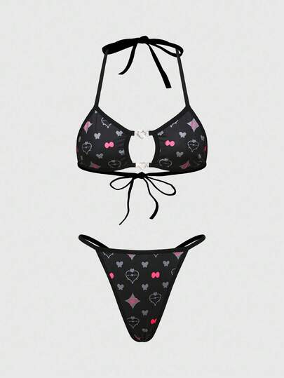 Black Jack X ROMWE Conjunto de sujetador acolchado sin aros y tanga con estampado total, lencería cómoda para mujer