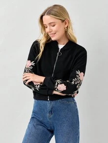 Miaspire Embroidered Floral Detail O-Ring Zip Up Bomber Jacket - Black - View 6