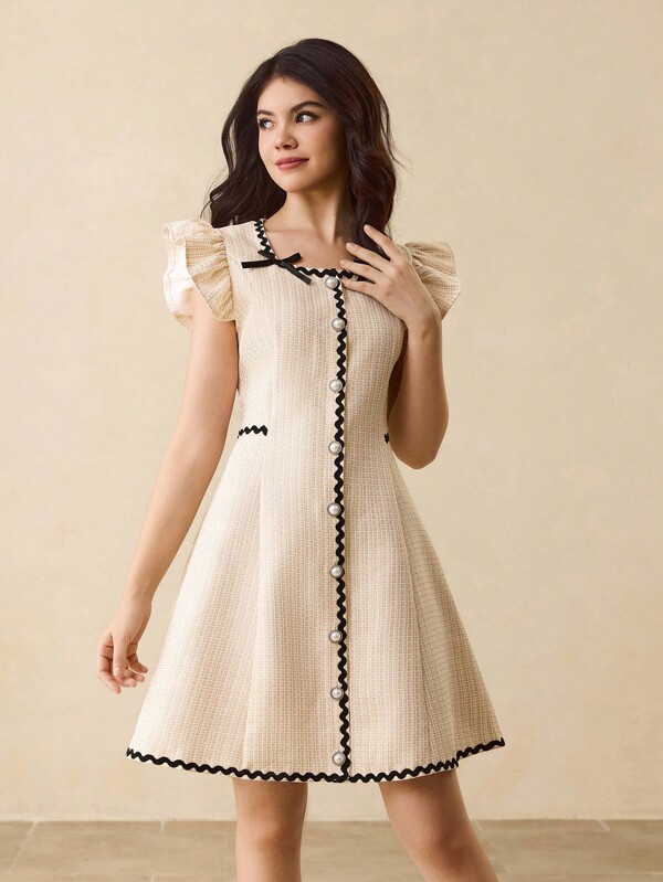 Teen Girl Cap Sleeve Square Neck Waist Cinched Party Cocktail Wedding Elegant Dress, Suitable For Back To School, Halloween, Christmas