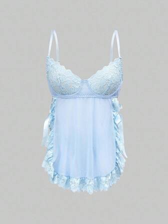 Kawaii Ensemble de lingerie sexy avec robe et string en dentelle, fleurs romantiques et armature en maille