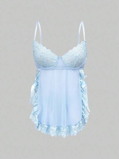 Kawaii Lace Romantic Floral Trim Mesh Underwire Sexy Dress & G-String Lingerie Set