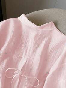 SHEIN 女式时尚宽松薄款露背系带长袖大码衬衫，春夏 - 淺粉色 - 查看 4