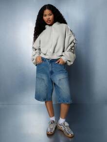 SUMWON WOMEN Society Summer Embroidered Cropped Sweatshirt Full Zip Hood Oversized Balloon Sleeve Statement Fall Winter Casual Loungewear Urban Streetwear Ribbon Detail - Light Grey - View 6