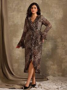 Roveilla Robe élégante et sexy à volants avec imprimé léopard pour femmes grande taille - Camel - Voir 3