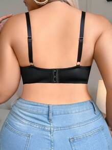 SHEIN 1 Stück Damen Große Größen einfarbiger Mesh-Patchwork bequemer drahtloser BH, Schwarz - Schwarz - Übersicht 2