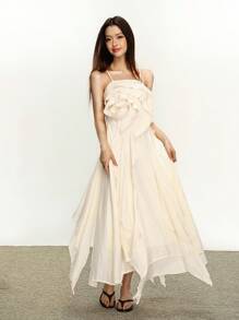 Rina Fox Đầm midi xếp nếp màu trơn thanh lịch cho nữ, mùa hè - Màu be - Xem 3