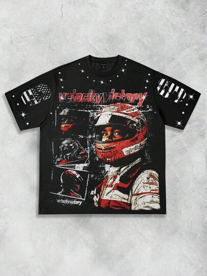 Street Life Men's Summer Letter & Figure Print Round Neck Short Sleeve Casual T-Shirt