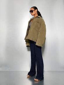 SUMWON WOMEN 燈芯絨工裝夾克大版羽絨冬外套 立領多功能工作服外衣 臀長拉鍊前開 卡其色休閒街頭風 - 軍綠色 - 查看 8