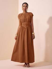 Zivah Abito lungo da donna elegante, taglia comoda, per pendolarismo/vacanza al mare/appuntamento/festa/festival musicale, colore fucsia tinta unita, scollo tondo, senza maniche, vita con inserti, orlo a punta, linea ad A, nuova collezione primavera/estate 2025 - Castano - Visualizzare 4