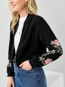 Miaspire Embroidered Floral Detail O-Ring Zip Up Bomber Jacket - Black - View 4