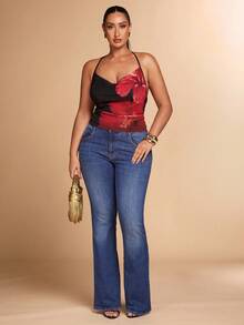 SHEIN BAE Plus Size Casual Minimalist Draped Neck Blue Floral Print Tie Front Fitted Blouse, Suitable For Vacation, Beach, Spring Break Girls Trip, Back To School Beach Wear/Tank Top/Holiday Vest, Suitable For Early Autumn/Back To School/Going Out /Festival Outfits Women/Autumnfall/Wedding Guest Dress Women Plus Size/Formal Dresses For Women/Top For Women Elegant/Summer Top /Birthday Cami/Homecoming Top/Off Shoulder/Halloween Costume/Club Outfits Women Sexy/Christmas/Plus Size Top/Red Top