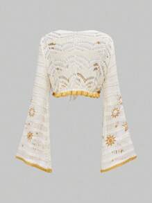 ROMWE Hippie 女式嬉皮波西米亚风格月亮和星星刺绣钩针喇叭袖开衫