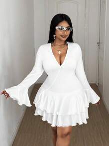 Maweii Plus Size Women's Fashionable Asymmetrical Ruffle Hem Long Sleeve Dress, Elegant Vibe Fall Cloth For Women - White - View 7