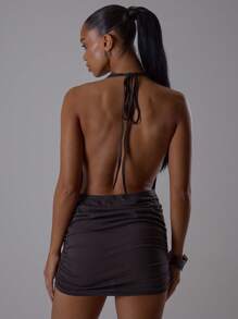 MUSERA Extrem tiefer Rückenausschnitt Neckholder Gerafftes Mini-Kleid Klassisch Nacht Draußen Herbst Sexy Süß Coole Mädchen Streetwear Dämmerung Winter Party