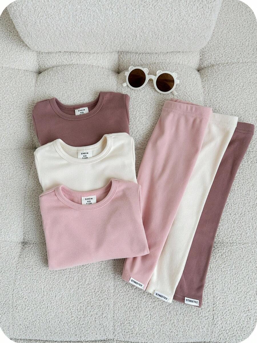 SHEIN 6 件套女婴舒适秋冬套装，包括圆领长袖上衣、字母装饰踝袖裤、柔软亲肤保暖内衣、睡衣套装