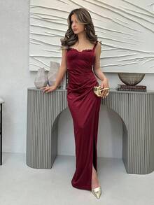 Jemour 缎面褶皱裹胸伴娘礼服优雅正式晚会舞会婚礼宾客礼服，适合毕业典礼、晚宴派对礼服 - 紫紅色 - 查看 6