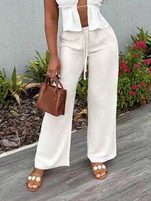 Alexandranx Women's Beige Wide Leg Pants With Drawstring Waist And Pockets Petite In Woman Clothing Women Pants