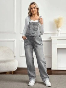 SHEIN 孕妇休闲水洗口袋直筒牛仔背带裤 - 深色水洗藍 - 查看 5