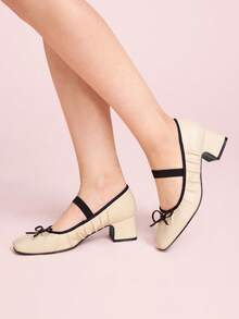 CUCCOO DOLLMOD Damen Silber Mary Jane High Heel Pumps, quadratische Spitze & Absatz, Vintage Schulstil, Schnallenverschluss - Beige - Übersicht 1