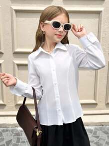 SHEIN Tween 女童休闲轻质纹理面料纽扣衬衫，带领和荷叶边下摆，适合夏季和秋季日常穿着 - 白色 - 查看 7