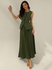 Aloruh Women's Elegant Commuter Solid Color Vest & Pleated Skirt Suit In Fall/Winter - Army Green - View 6