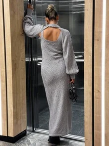 EURMUSE Váy Maxi Họa Tiết Kim Cương Dệt Kim Màu Xám Kèm Áo Khoác Có Thể Tháo Rời - Xám - Xem 2
