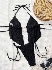 Bonvoyette Bộ đồ bơi bikini đi biển gợi cảm dễ thương không dây buộc hở lưng bằng vải jacquard màu trơn cho nữ - màu đen - Xem 2