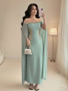 Rafferiza Váy đuôi cá dài trễ vai ôm sát eo, họa tiết hoa vàng thanh lịch, gợi cảm, đa năng, màu đen, trang phục mùa xuân/hè cho trường đại học, vải thu dành cho nữ - xanh xám - Xem 3