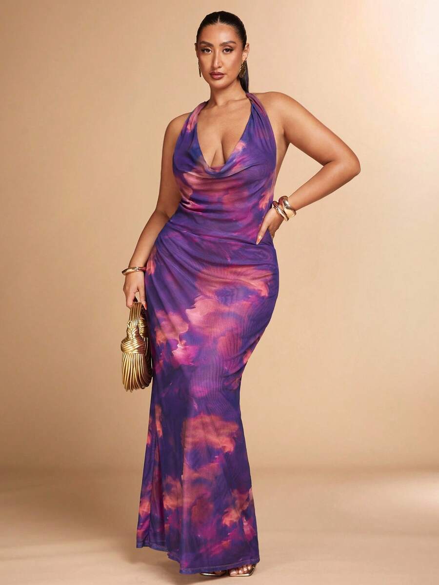 SHEIN BAE Nuevo vestido largo de mujer de talla grande con estampado floral para el verano, vestido de playa sexy con cuello drapeado para vacaciones - Morado - Ver 1