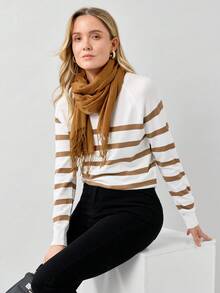 Miaspire Striped Pattern Sweater - Camel - View 7