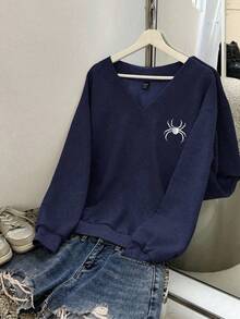SHEIN EZwear 万圣节休闲简约蜘蛛印花 V 领宽松大码女式运动衫，适合秋冬季，搭配夜间外出上衣秋季女装